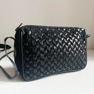 Vintage Black Suede Woven Motif  Small Compact Unique Camera Crossbody